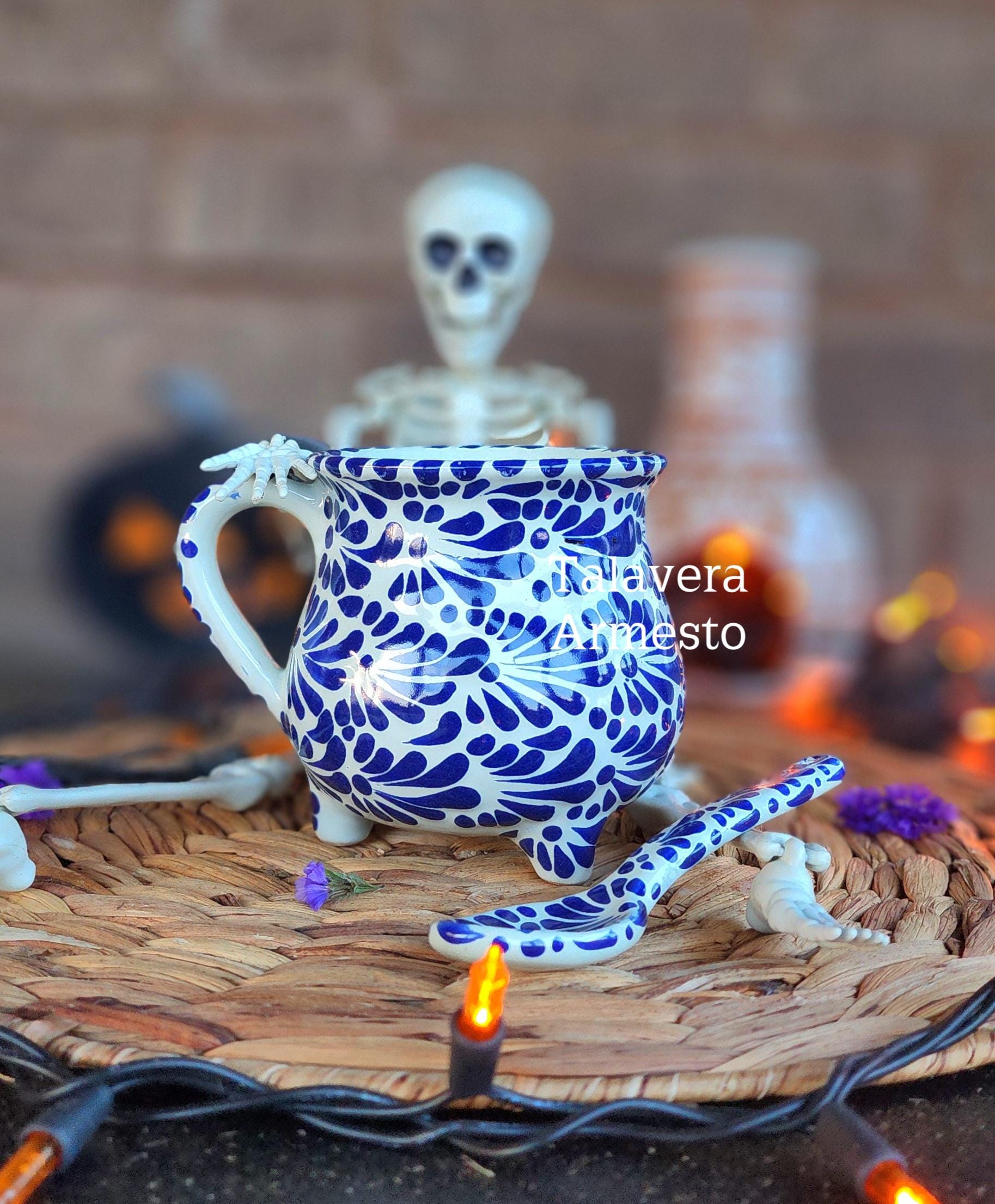 Talavera cauldron mug w spoon coquette fall