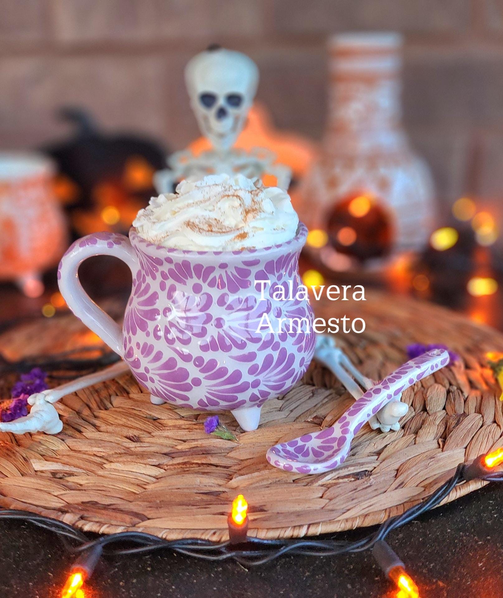 Talavera cauldron mug w spoon coquette fall
