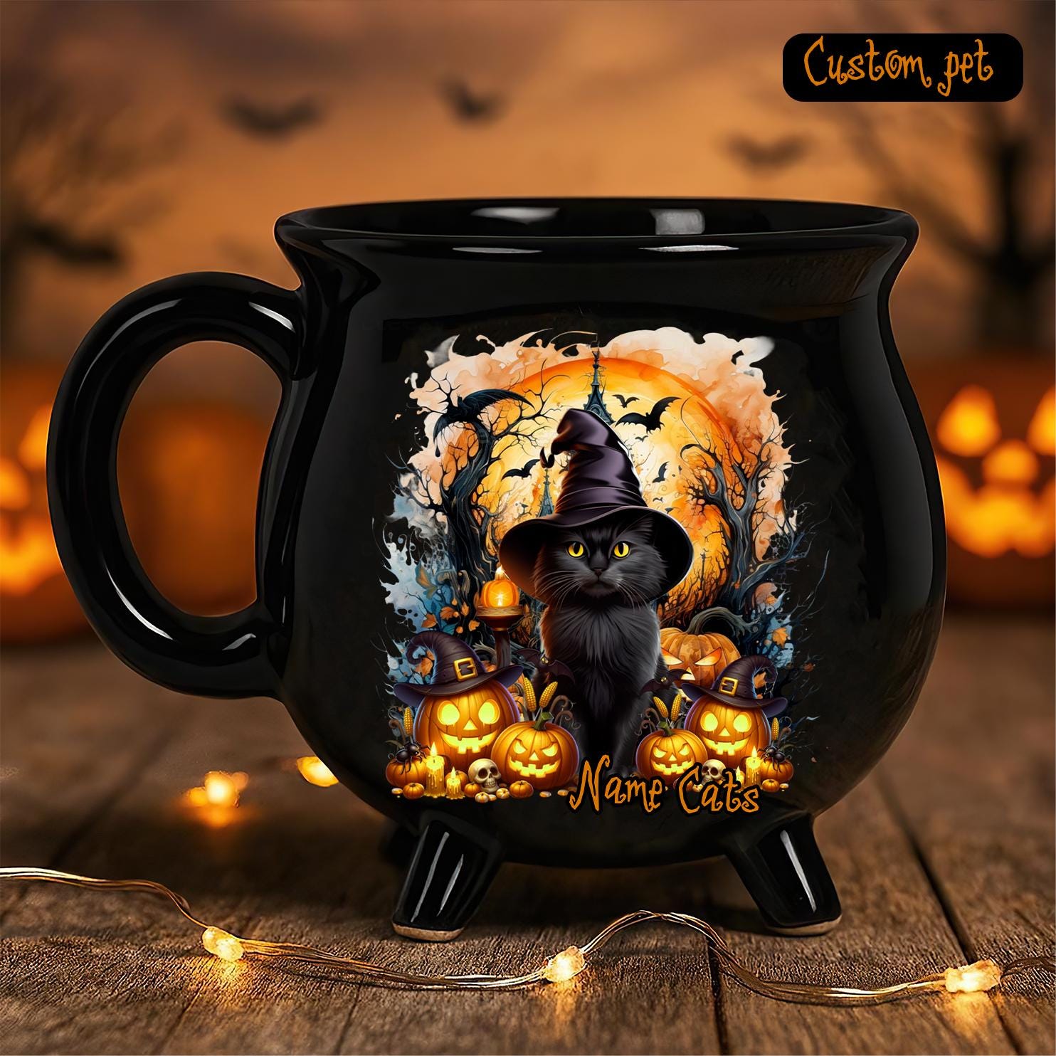 Black Cat Halloween Witch Cauldron Mug