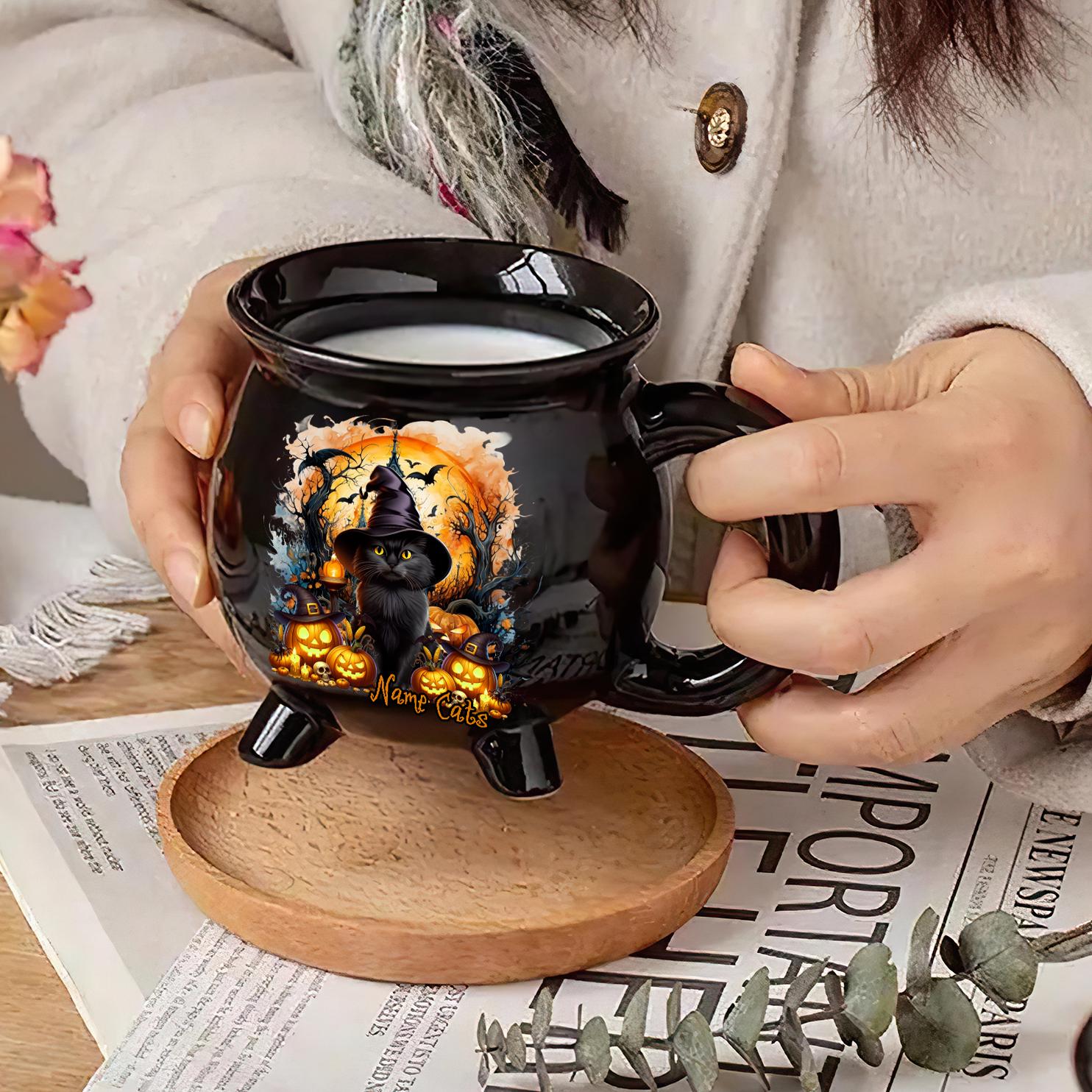 Personalized Name Black Cat Halloween Witch Cauldron Mug