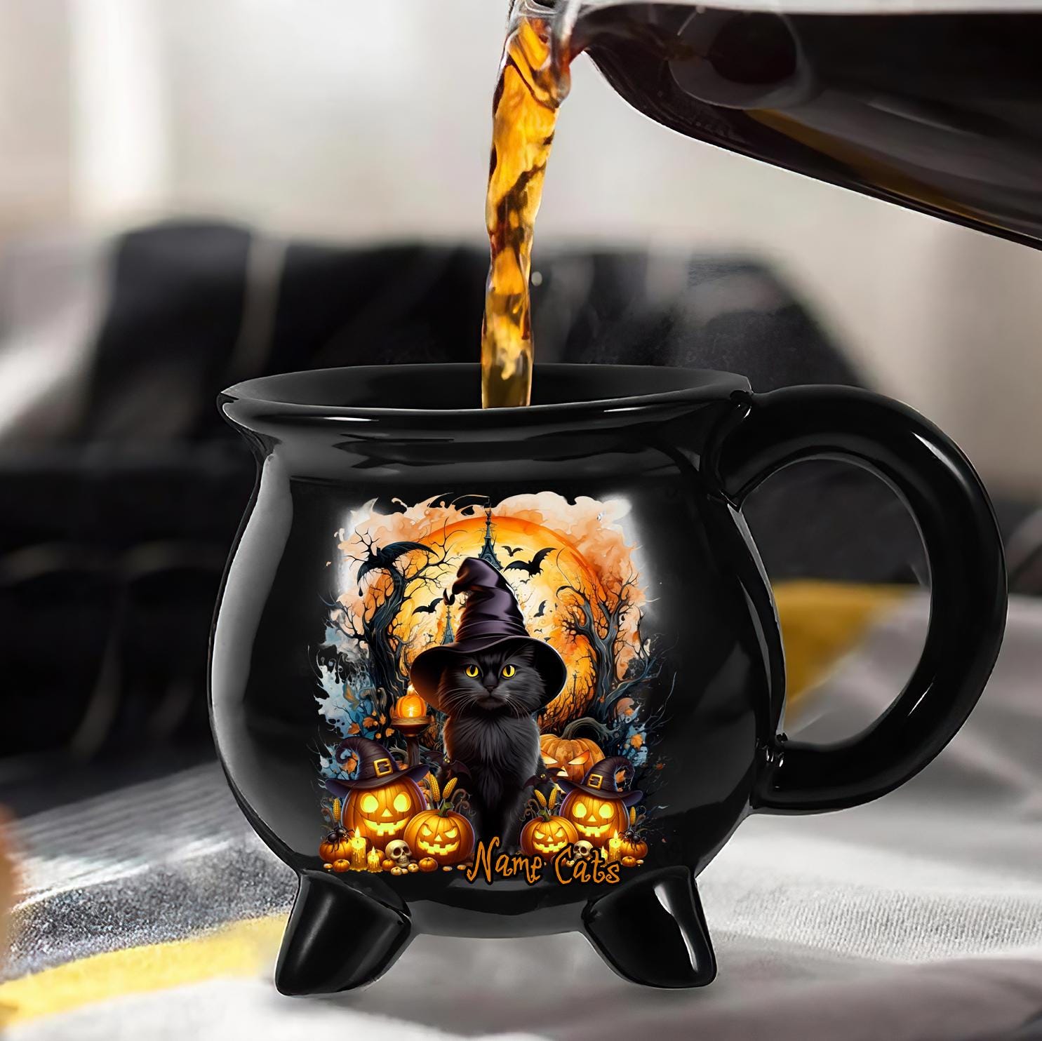 Black Cat Halloween Witch Cauldron Mug
