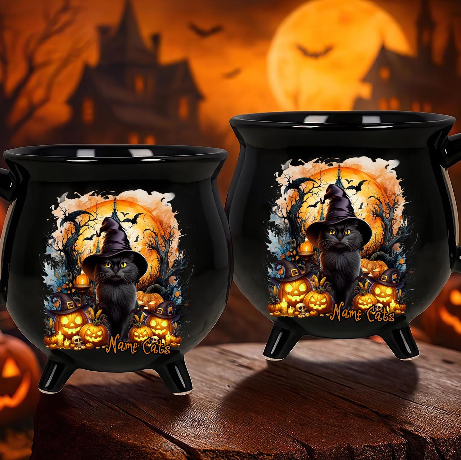 Black Cat Halloween Witch Cauldron Mug